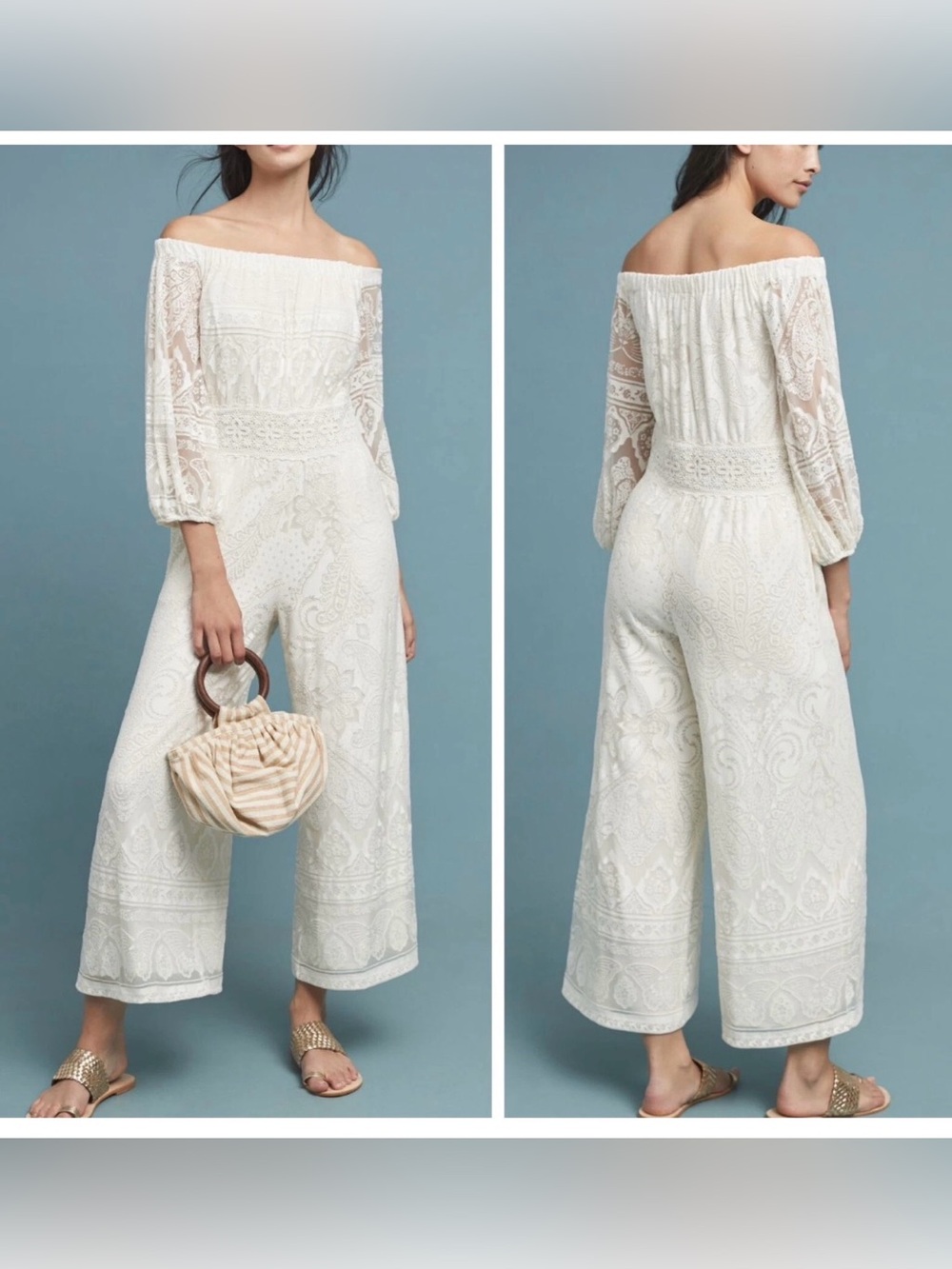 FARM Rio Anthropologie Elliot Off Shoulder Jumpsuit Ivory Paisley Lace Small